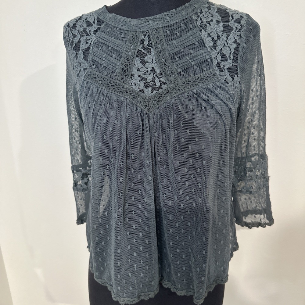 Free‎ People Lace Polka Crop Top Cottagecore Size S 3/4 Sleeve Vintage-inspired